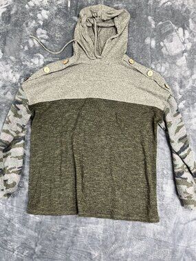 Cure Mens Gray Olive Color Block Camo Sleeve Hoodie XL
